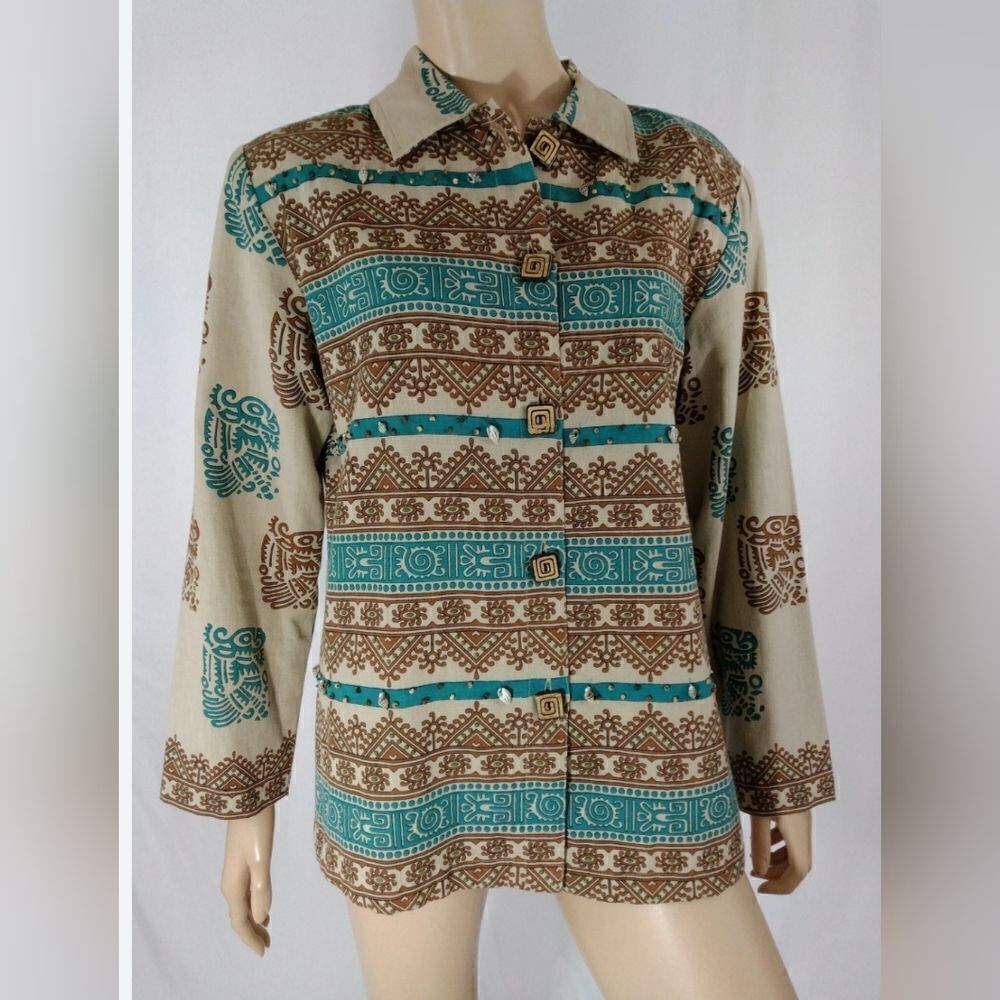 Vtg WestEnd M PasleyPrint EthnicMlticlrd LngslvLinenBlendButtonUp Women Cardigan